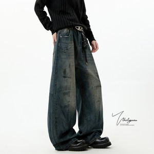 
V37 American street niche dirty dyed distressed jeans men's spring design washed loose floor mopping pants