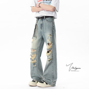
V37 American street ripped jeans for men in spring fashion brand vintage loose wide-leg pants design trousers