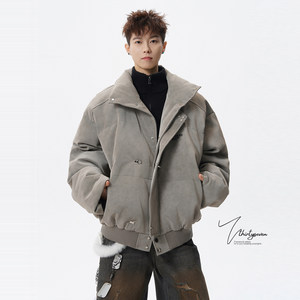 
V37 American retro stand collar short cotton coat men's winter high street vibe loose and versatile couple bread coat