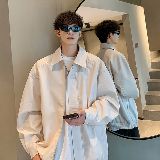 
American vintage leather jacket men's spring high-end loose and versatile simple solid color youth casual jacket