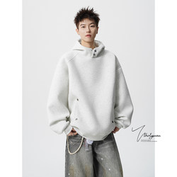 V37 American-Style Heavyweight Silhouette Snap-Button Hooded Sweatshirt for Men, Spring High-Street Cool Patchwork Fleece Pullover Hoodie