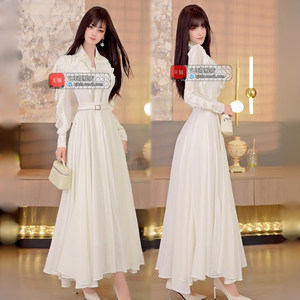 VJE Spring and Summer Feminine Ruffled Shirt Skirt 2026 New White Lady Style Large Swing Skirt Over the Knee Dress