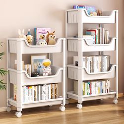 Bookshelf Storage Rack, Floor-Standing, Simple Multi-Layer with Wheels, Children's Toy Storage, Reading Mobile Cart, Bookcase