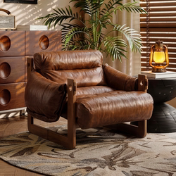 Single Sofa Chair, Mid-Century Style Balcony Leisure Chair, Lazy Sofa, Reclining Chair, Solid Wood Retro Jersey Island Chair