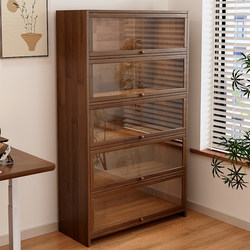 Solid Wood Dust-Proof Bookcase Integrated Against the Wall, Walnut Color Storage Cabinet, Floor-Standing Storage Cabinet, Home Bookshelf