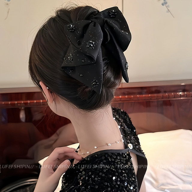 Black Hepburn style bow grab clip female high-end sense back head hair shark clip temperament elegant hair clip headdress