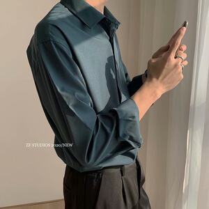 Autumn Korean version of abstinence, dark green white shirt men's trend INS vertical sensory retro loose long sleeves, shirt