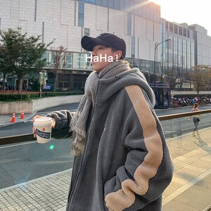 
Lamb wool cotton coat for men in winter plus velvet and thickened fashion brand trend ins student loose casual couple cotton coat