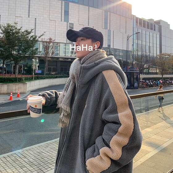 
Lamb wool cotton coat for men in winter plus velvet and thickened fashion brand trend ins student loose casual couple cotton coat