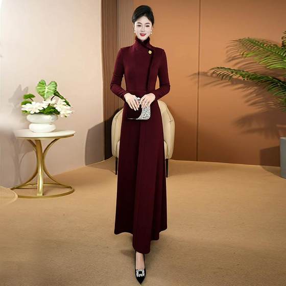 Burgundy mink fur design long skirt temperament autumn and winter new high-waisted slim and noble lady over-knee long skirt 1086