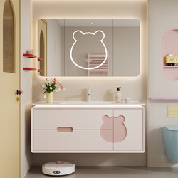Dopamine Bathroom Cabinet Set with Integrated Ceramic Basin, Cream-Style Bathroom Vanity, and Hot-Bent Rock Slab Washbasin