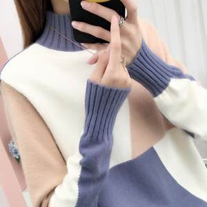 
Clearance! Autumn and winter color-blocked long-sleeved bottoming sweater loose pullover half turtleneck fashionable sweater for women thickened and lazy