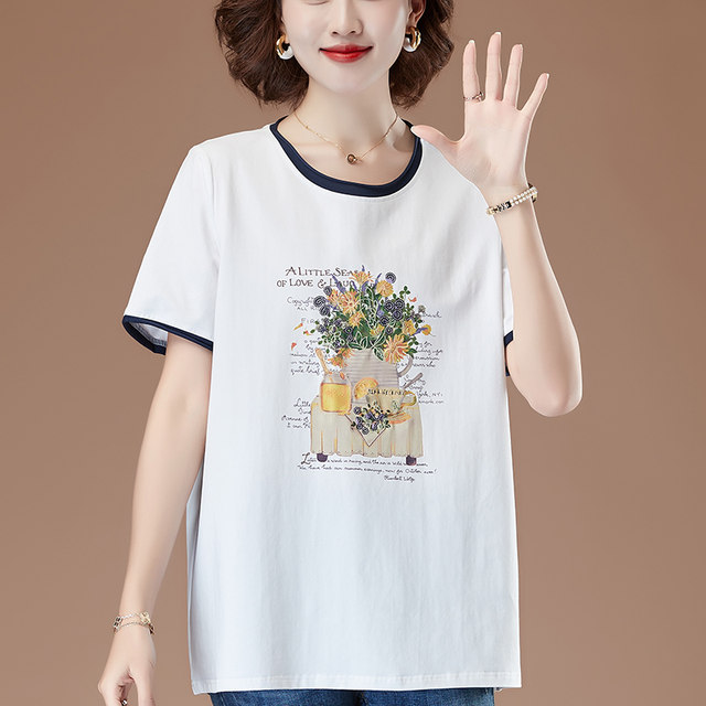 Loose plus fat plus size white T-shirt for women pure cotton short-sleeved middle-aged and elderly mother summer lady embroidered top
