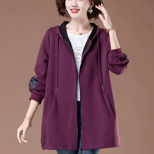 Loose, fat and larger size women's sweatshirt spring and autumn thin zipper jacket middle-aged and elderly mothers' dignified and atmospheric top
