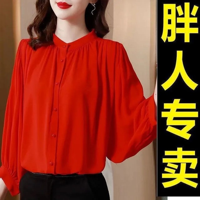 220Jin [Jin equals 0.5 kg] Large size women's mother's red chiffon shirt with a quarter-sleeved shirt with a fashionable age-reducing shirt covering the belly
