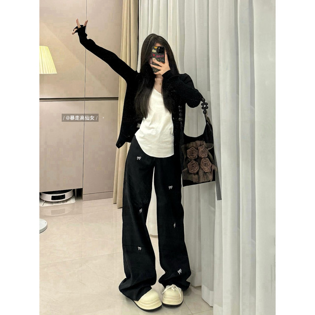 Tall 175 American hot girl butterfly embroidery spring extended floor mopping 180 casual wide-leg work pants for women