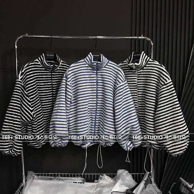 Stand-collar cardigan striped lamb velvet jacket loose and slim mid-length 2025 winter new top ins trendy