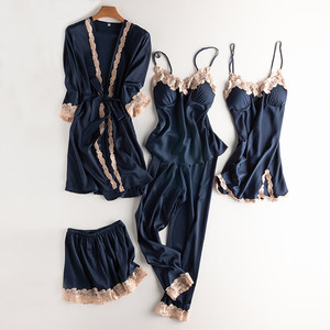 Pajamas for women 2026 spring and summer new style ice silk suspender nightgown and dressing gown five-piece set that can be worn outside sexy long-sleeved home clothes