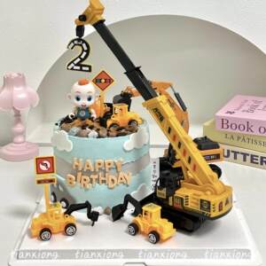 
Engineering car theme cake decoration ornaments cartoon excavator bulldozer crane road sign ornaments kids birthday plug-in