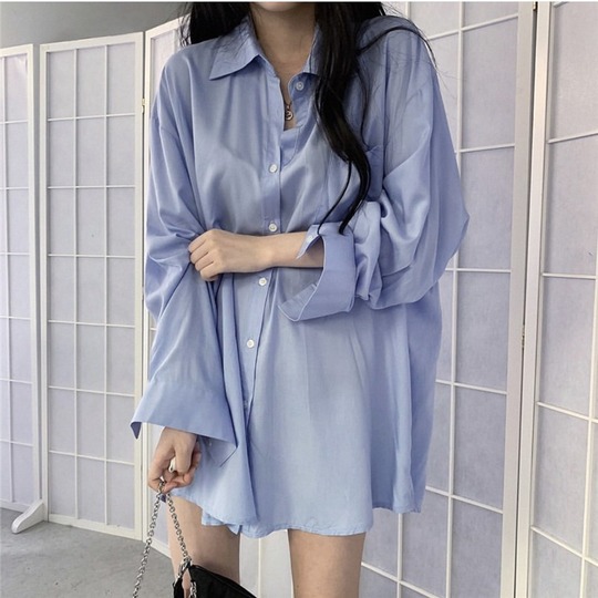 Women's Long Sleeve Polo Shirt - Loose Fit, Button Detail