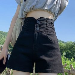Plus-Size Vintage Black High-Waisted Denim Shorts for Women, Summer 2026 New Design, Slimming A-Line Wide-Leg Hot Pants