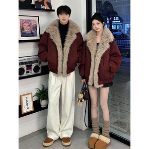
American fashion brand high street New Year's red couple's mountain carved fur collar cotton coat for men winter couple thickened cotton coat