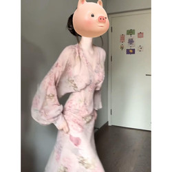 French V-Neck Long-Sleeved Pink Floral Dress for Women in Early Spring 2026, New Style, Beautiful and Beautiful Waist-Cinching Long Skirt