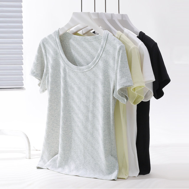 Thread of threaded round neck short -sleeved T -shirts female summer large size fat MM200jin [jin is equal to 0.5 kg] loose and thin U -collar shoulder body shirt
