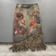 European station new European products hot spring pattern print irregular denim skirt women's tassel hip-pack skirt