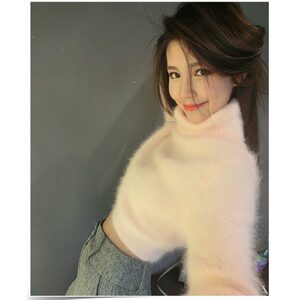 Long-haired short spring pullover seahorse bottoming sweater top fashionable versatile mink turtleneck sweater for women