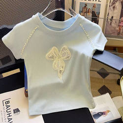 Girls' Short-Sleeved T-Shirt, Versatile for Summer, New Fashionable Children's Summer Wear, Stylish Pearl Bow Top for Older Kids