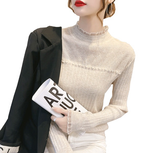 
2025 Spring and Autumn New Velvet Base Shirt for Women Spring Sweater Half Turnie Slim Lace Inner Knit Top