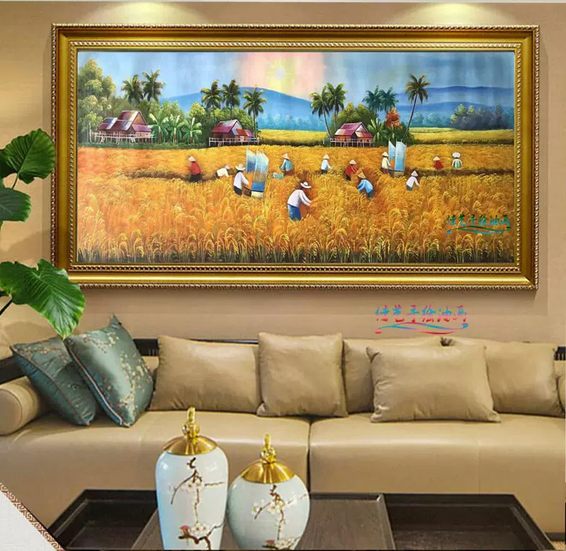 纯手绘五谷丰收风景油画麦田水稻装饰画金色大稻田挂画客厅