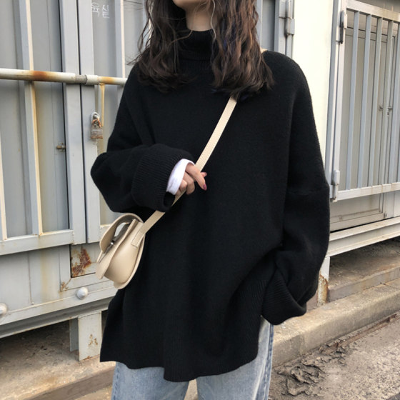 
Lazy style loose sweater for women 2024 autumn and winter new turtleneck black Japanese pullover thickened outer sweater