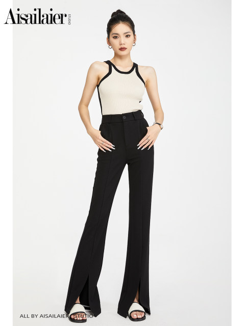 Black high-waisted suit bell-bottom pants for women 2025 summer thin slim fit slim drooping small slit slit slit trousers