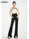 Black high-waisted suit bell-bottom pants for women 2025 summer thin slim fit slim drooping small slit slit slit trousers