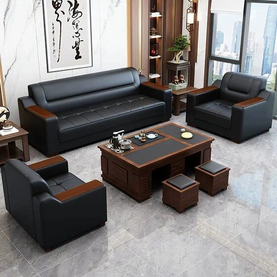 
Genuine leather office sofa simple modern business reception and leisure three-person coffee table combination set leather art