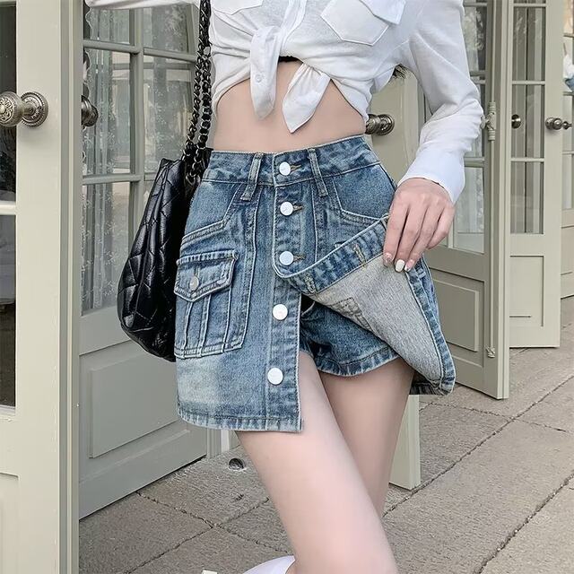 Retro design sense high waist slit denim skirt for women with autumn and winter large size fat mm slim A-line hip short skirt pants
