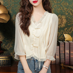 Chinese Style Chiffon Shirt for Women, Summer 2026 New Trendy High-End Casual Top, Three-Quarter Sleeve Blouse