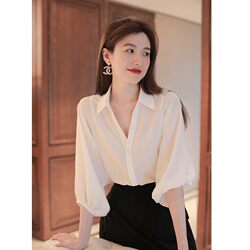 Shining Her: Qin Lan's Same Style White Three-Quarter Sleeve Chiffon Shirt for Women, 2026 New Top, Commuter Shirt for Summer