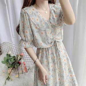 First Love Fragmented Flower Dress Summer Doll Neck Chiffon Bubble Sleeve Dress Long Dress Elegance Princess Dress Sweet Big Swing Dress