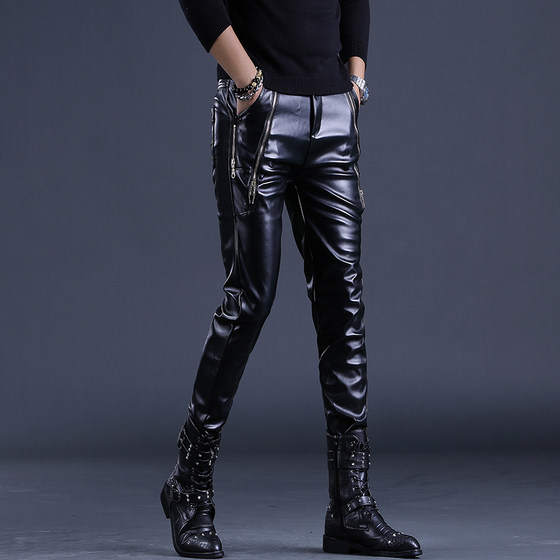 
Winter new men's leather pants stage singer slim pants knight takeaway rider plus velvet waterproof cold-proof pants