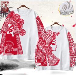 Traditional Chinese Style Paper-Cut Round-Neck Sweatshirt for Men and Women, Full-Length Top, Chinese Style Creative Long-Sleeve Fleece-Lined Warm Jacket
