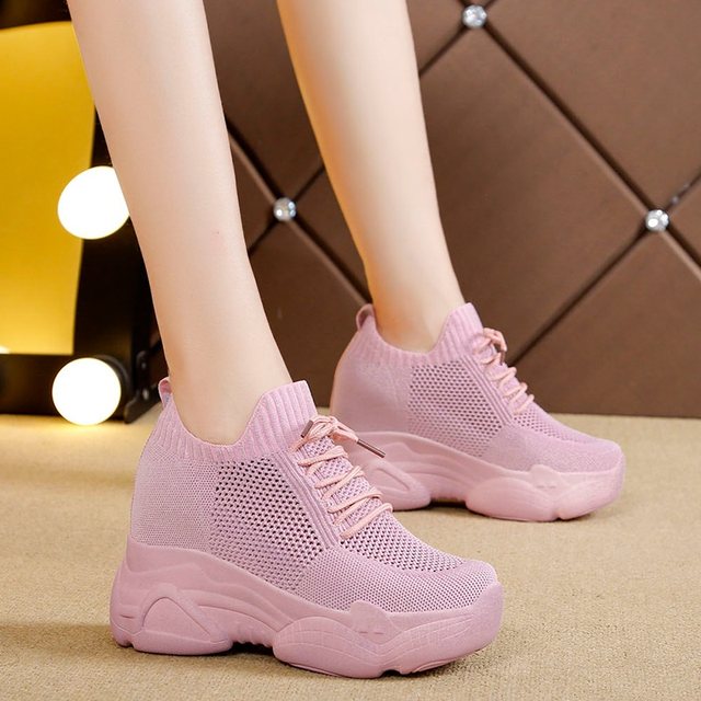 Dad's shoes women's inner heightening ins trendy mesh summer breathable thick-soled sports mesh shoes for women 8cm versatile shallow mouth lace-up