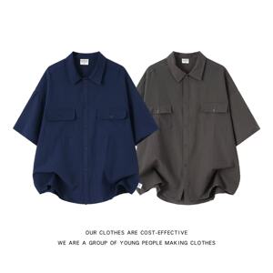 
Japanese work style lapel short-sleeved shirt for men, loose double pockets, simple and versatile trendy shirt