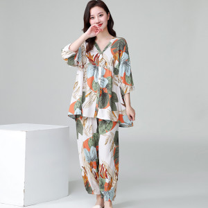 Mom cotton silk pajamas female middle -aged and elderly artificial cotton summer seven -point sleeve suit two sets of home clothes increase
