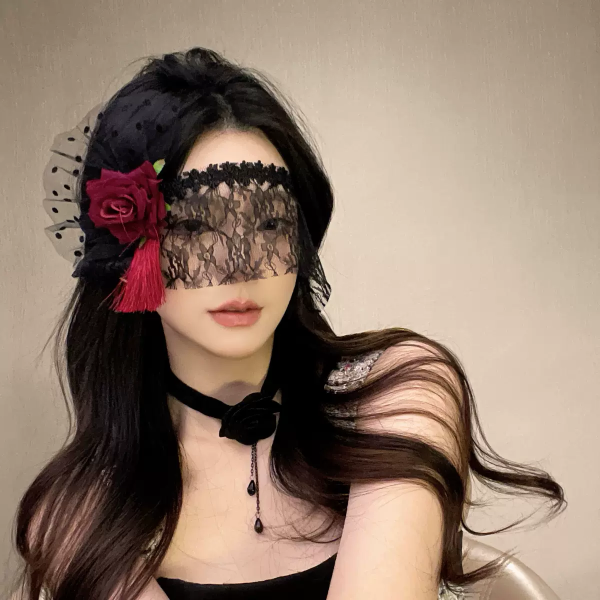 暗黑风面纱女小众红玫瑰性感半脸蕾丝脸饰面具万圣节派对拍照头饰