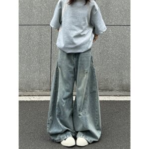 
Mommy Chicken Mom MGJM Lazy Wind Shattered Summer Large Wide Leg Scimitar Jeans Washed Loose Pants Men and Women Trendy