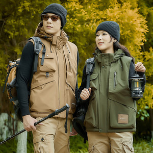 
Velvet work vest for men and women with multiple pockets, thickened and warm, spring and autumn outdoor vest jacket, windproof hooded vest