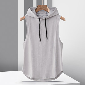 Handsome Sleeveless T-shirt Men's Hoodie 2024 Summer Thin Silky Smooth Quick Dry Kam Shoulder Trendy Ice Silk Hooded Sweat Tank Top